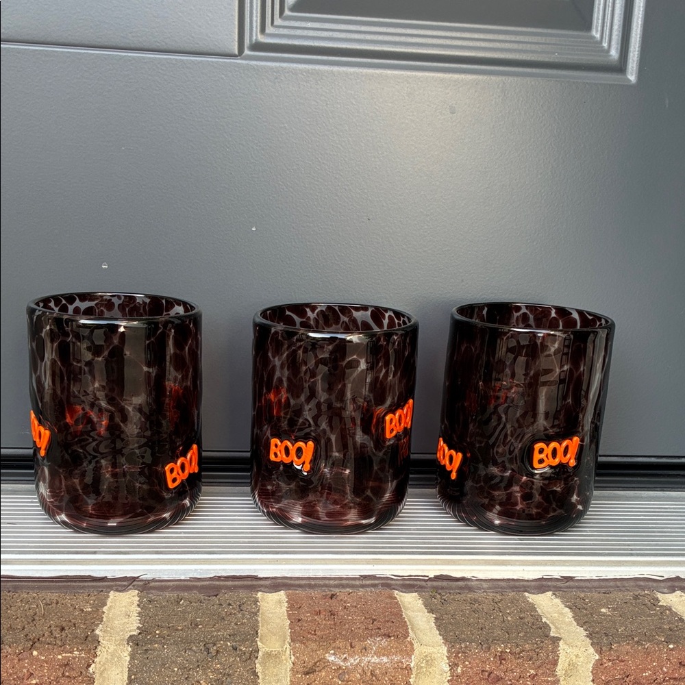3- Anthropologie Black and Orange 'Boo!' Candle Holders
